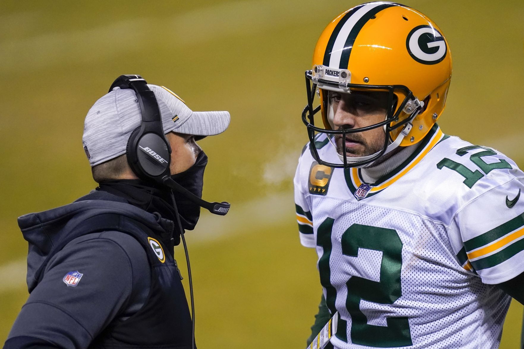 Matt LaFleur talks to Aaron Rodgers, AP generic file photo